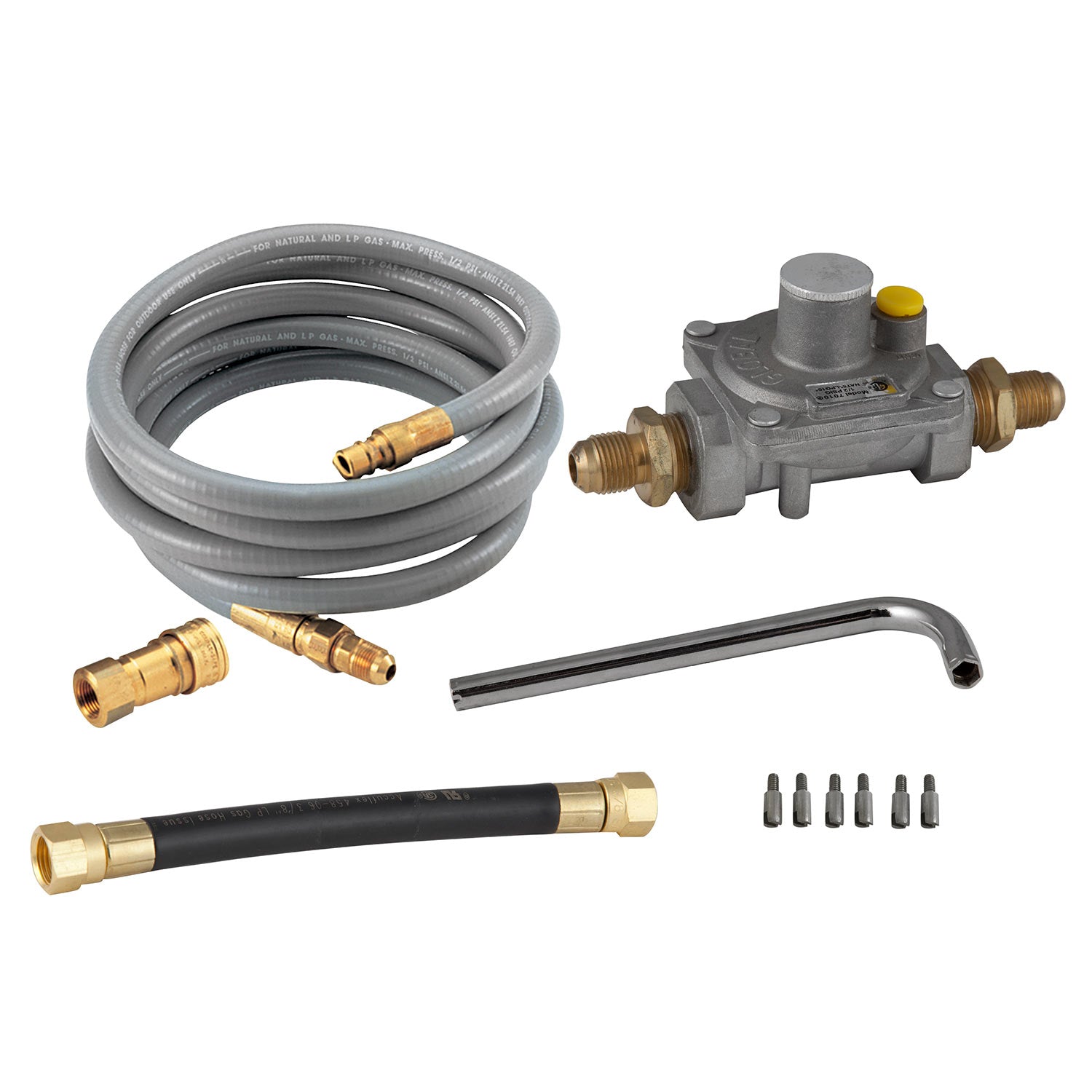 Natural gas conversion kit with gray hose, brass fittings, valve, and mounting parts