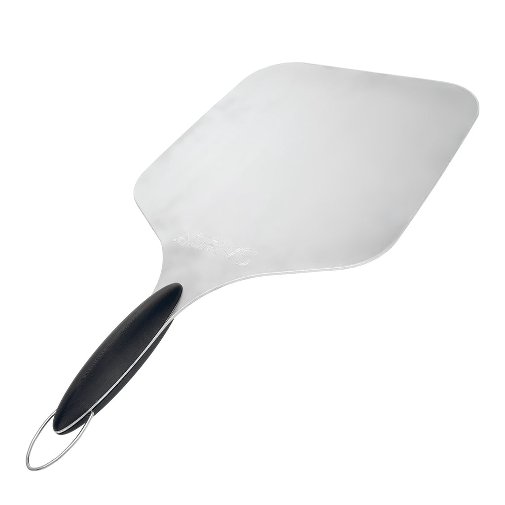 Aluminum pizza peel with curved head and dark handle loop