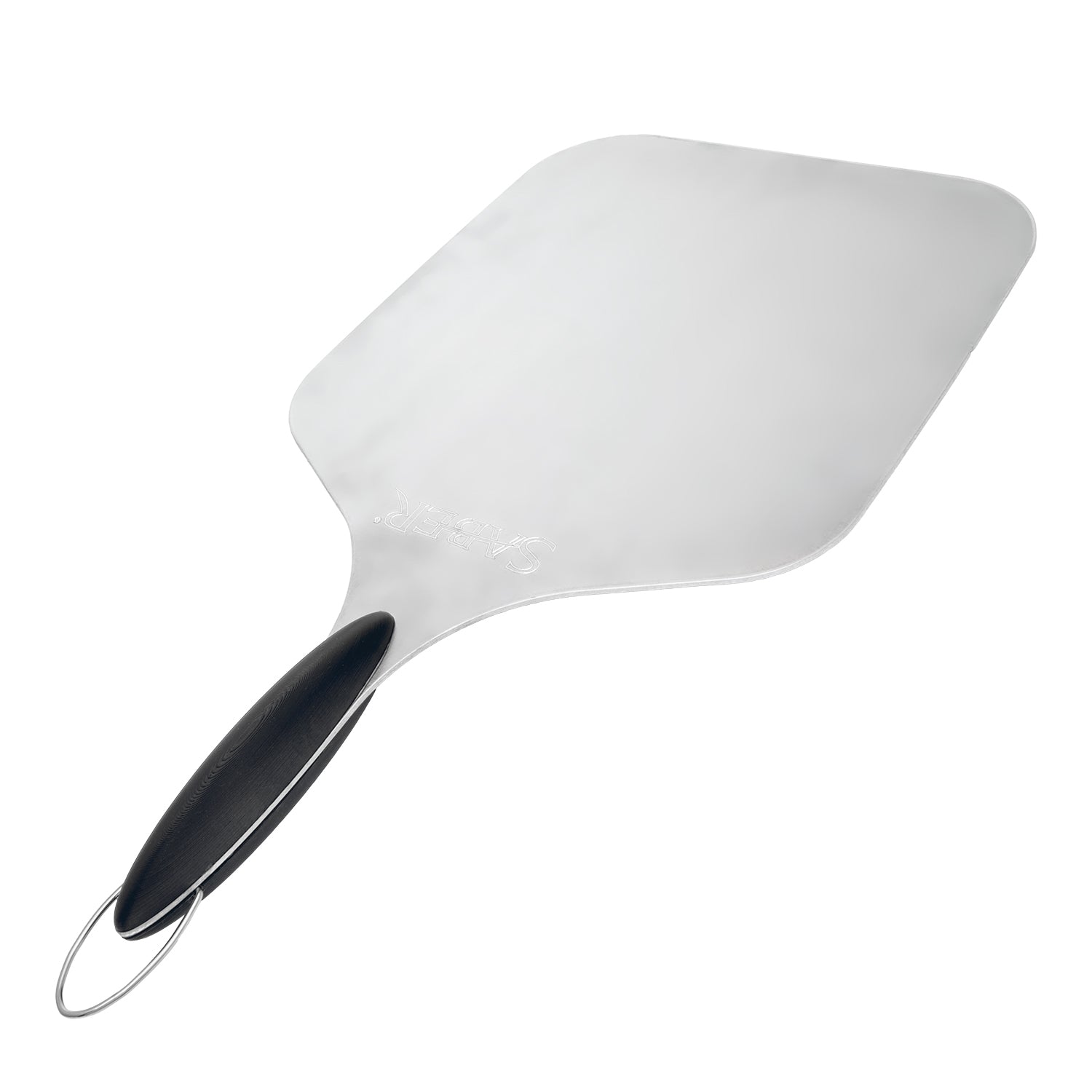 Aluminum pizza peel with curved head and dark handle loop
