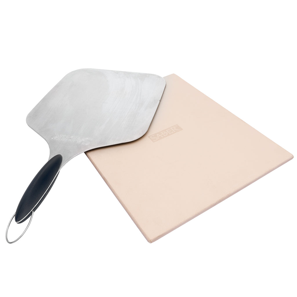 Pizza peel with brushed metal head, dark handle loop, and beige board