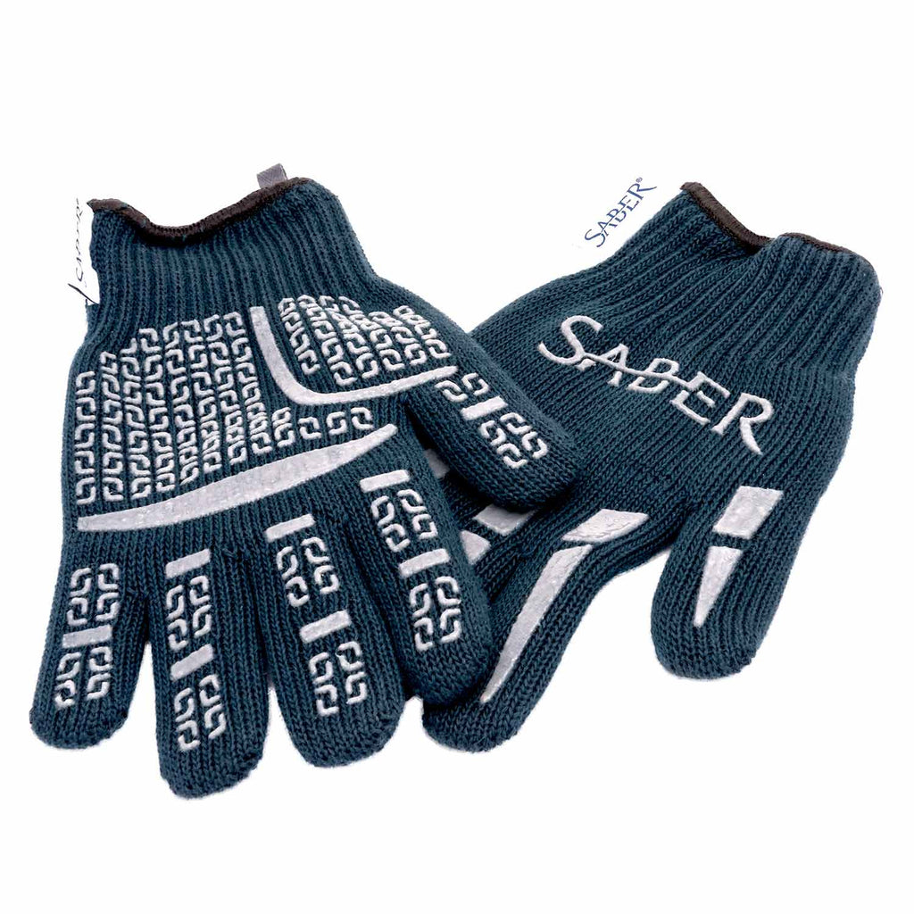 Dark navy high-temp grill gloves with white geometric grip panels and Saber logo