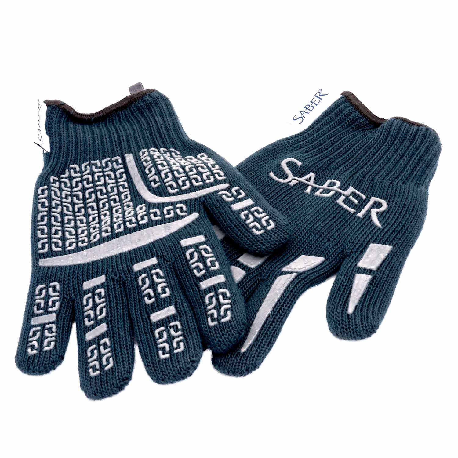 Dark navy high-temp grill gloves with white geometric grip panels and Saber logo