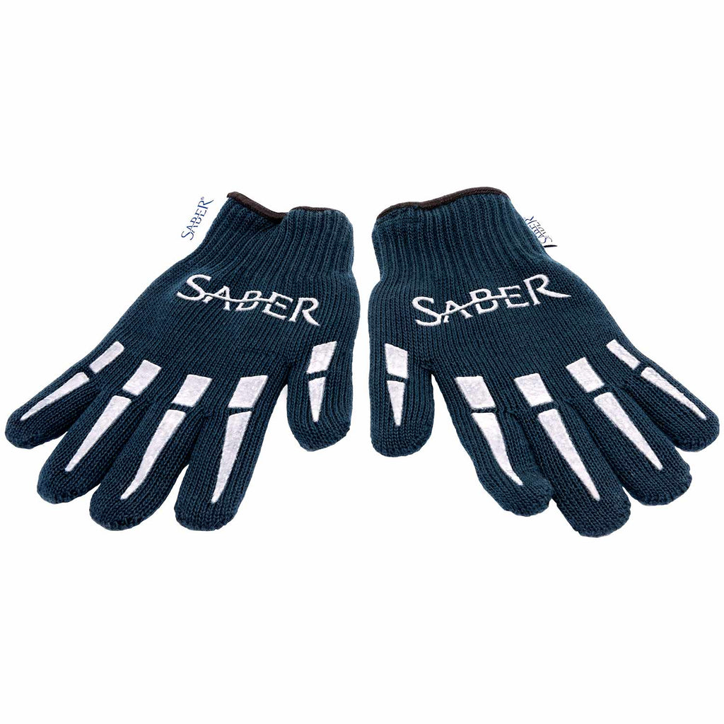 Pair of dark navy knit grill gloves with Saber logo and white grip stripes