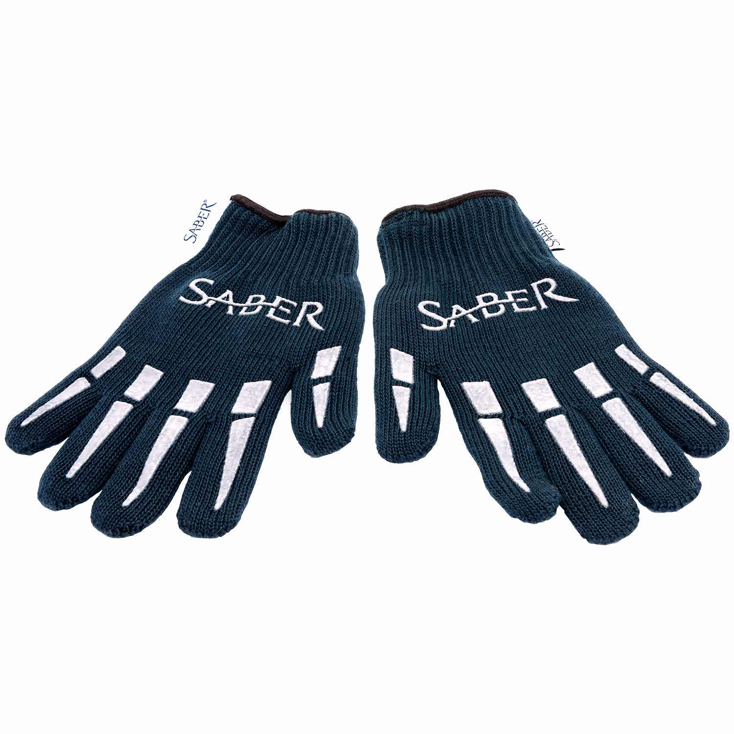 Pair of dark navy knit grill gloves with Saber logo and white grip stripes