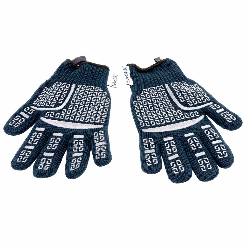 Dark navy grill gloves with white geometric pattern on palm and Saber logo tab