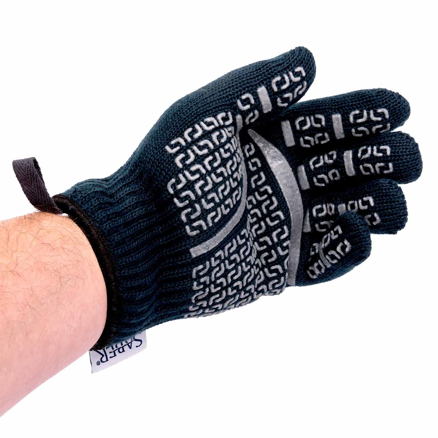 Dark navy knit grill glove with white maze pattern palm and heat-resistant fingertips