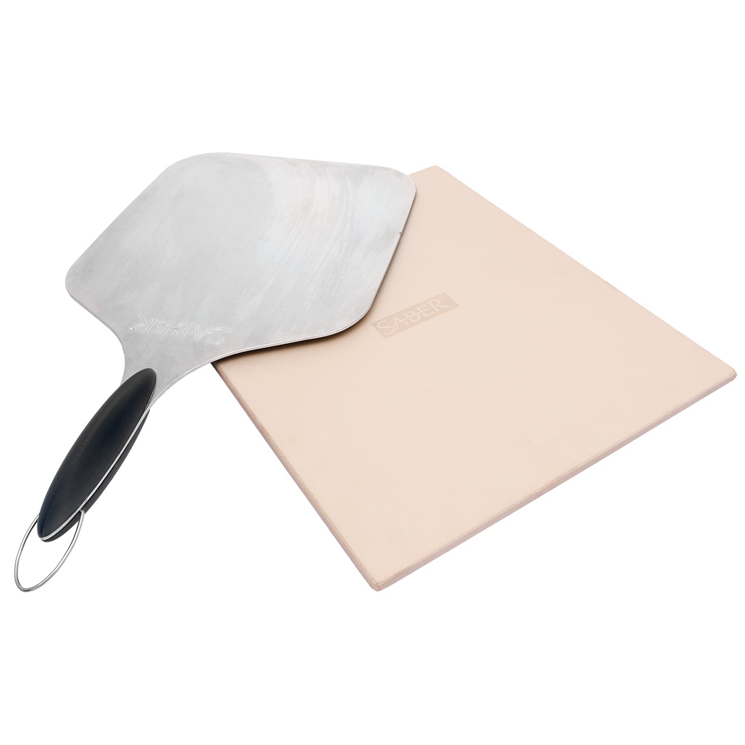 Cordierite pizza stone with metal peel and gray mitt, light beige surface