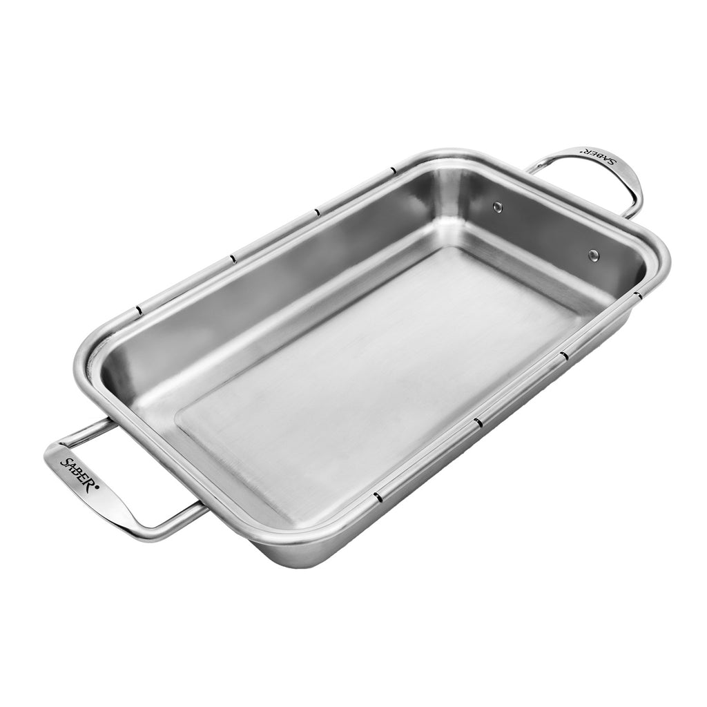 Stainless steel roasting pan with handles and open base, for grill or oven use