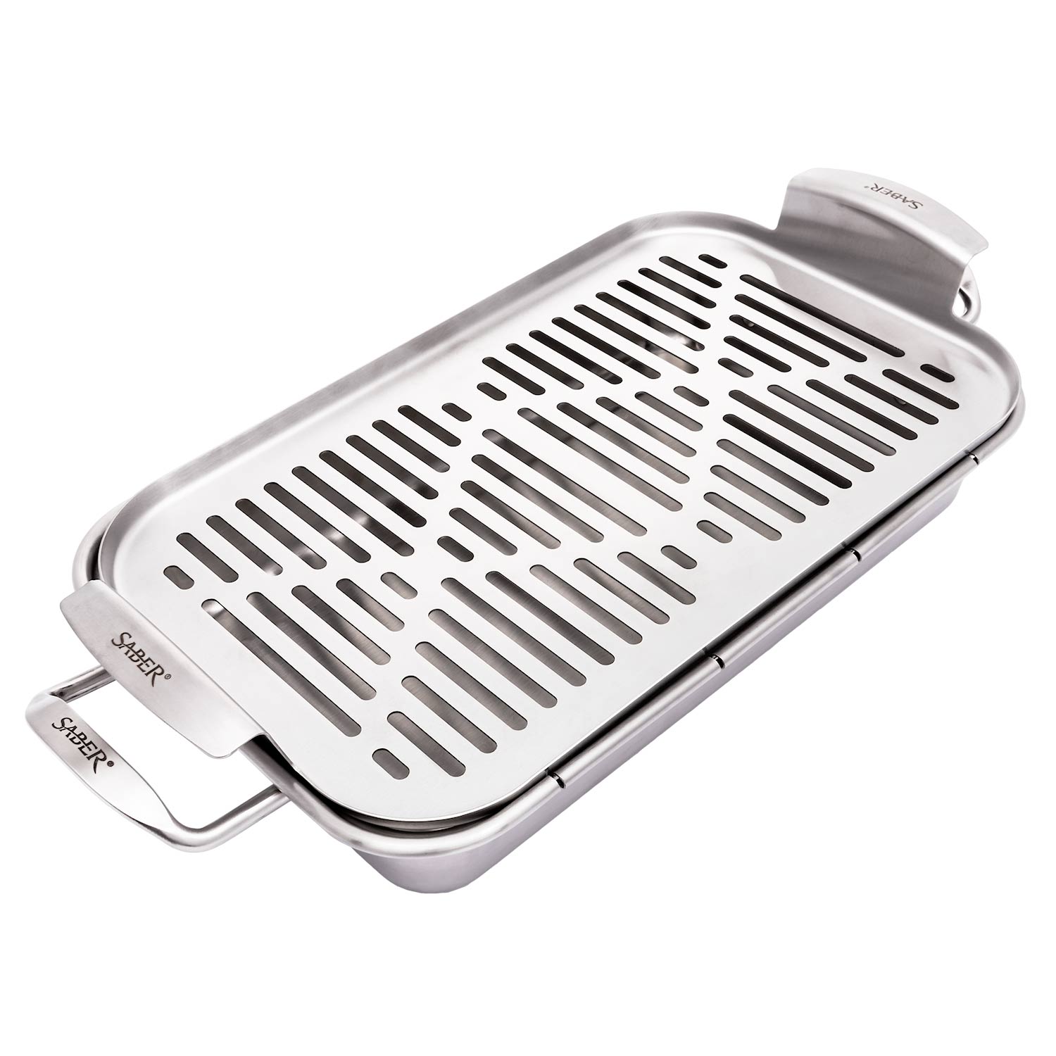 Stainless steel steamer tray with slotted rack and side handles