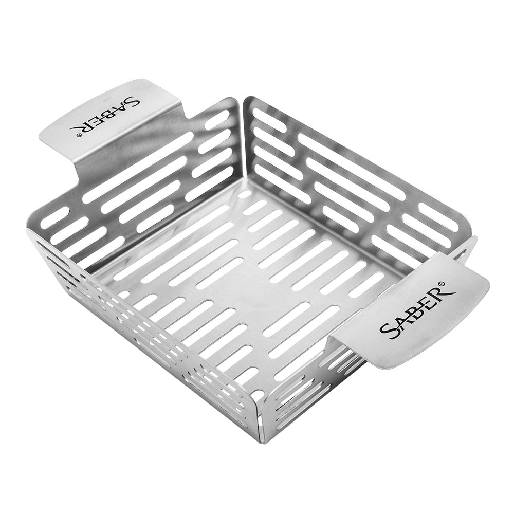Stainless steel veggie basket with perforated grilling surface and side handles, Saber