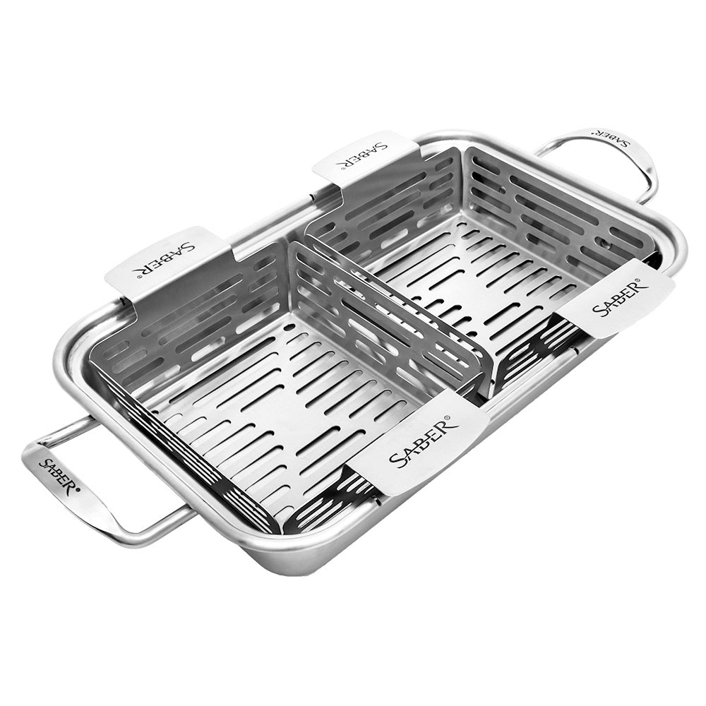 Stainless steel grilling veggie basket with curved wire handles and perforated tray, Saber