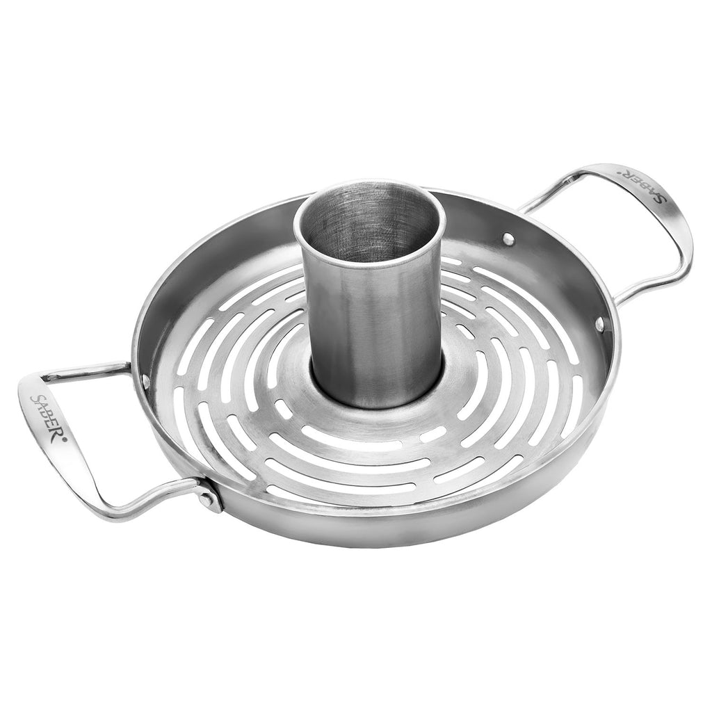 Stainless steel poultry roaster with central tube and side handles