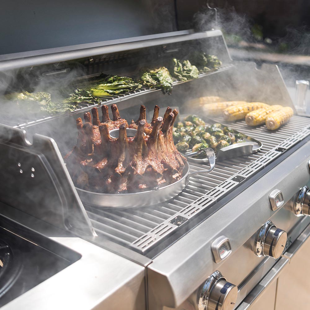 Stainless steel grill roaster basket with meat rack and greens, steam