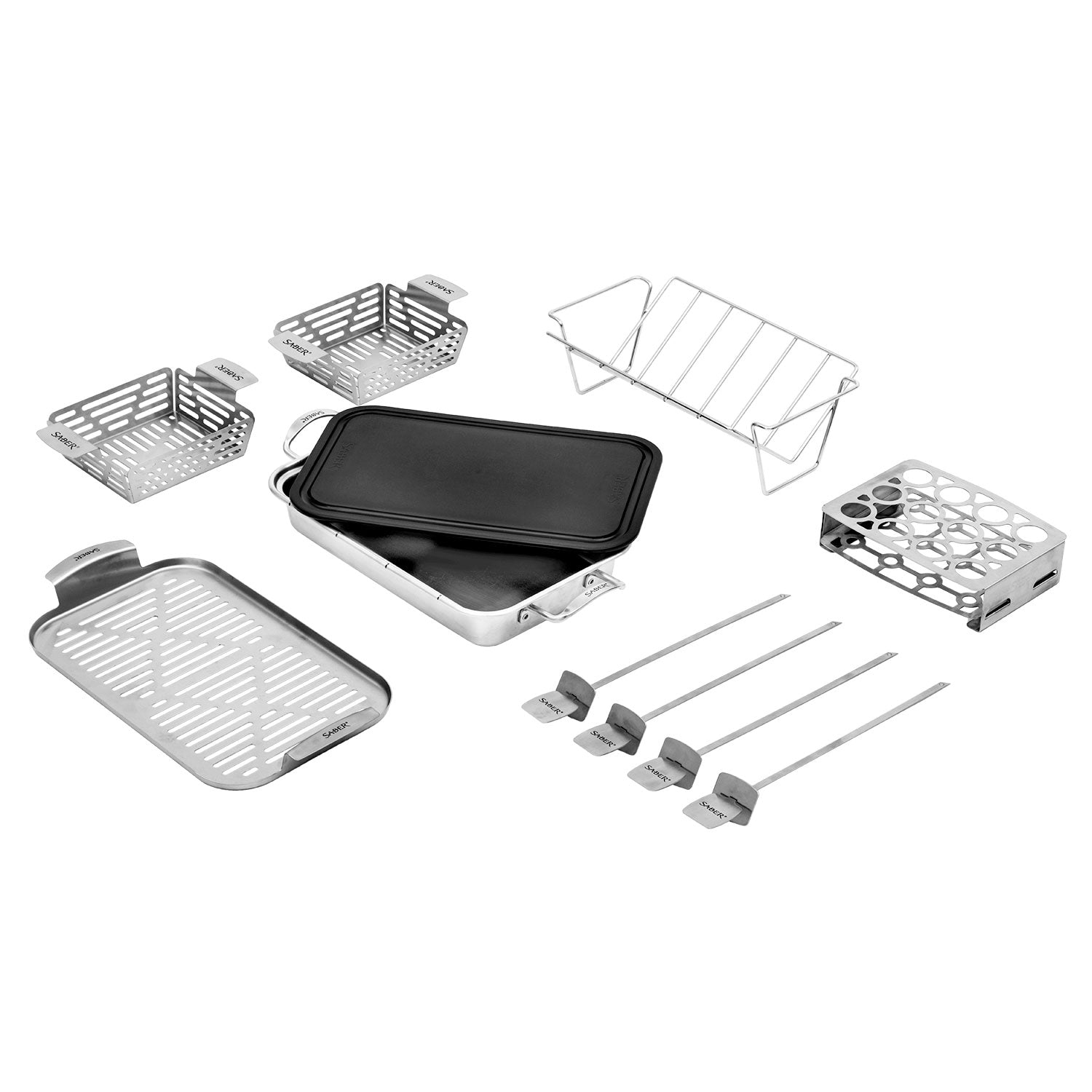 Grilling system set with square grill pan, wire baskets, and skewers