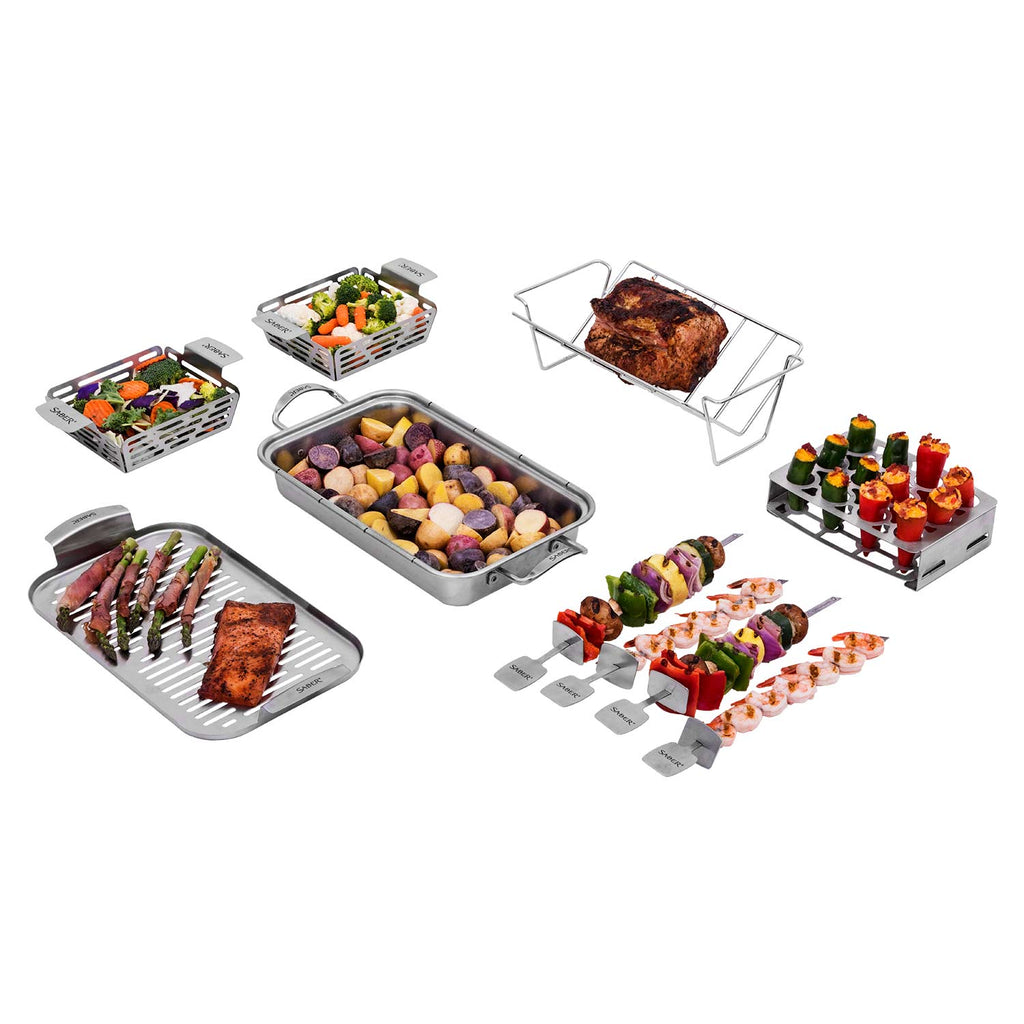 Grilling system set with wire baskets, roasting pan, and skewer holder