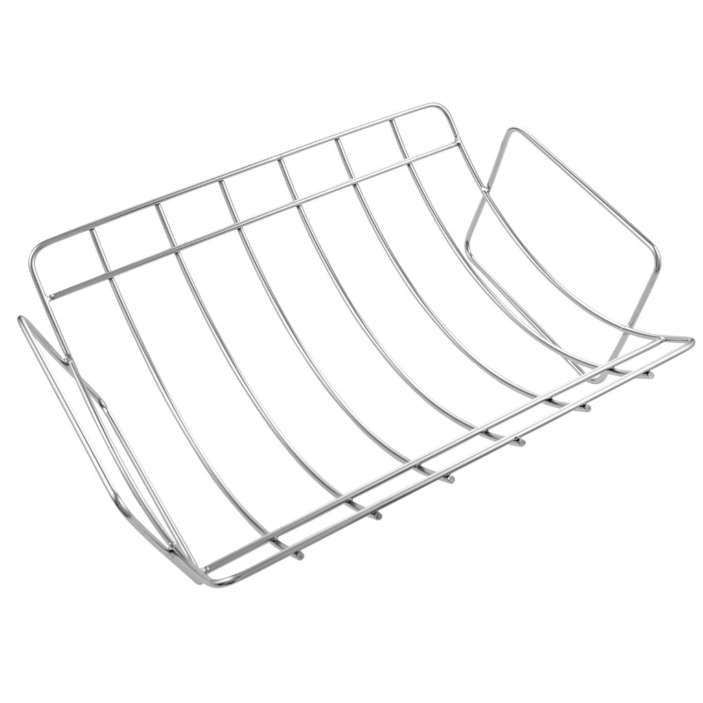 Turkey roasting rack with open wire grid and upright end handles, stainless steel