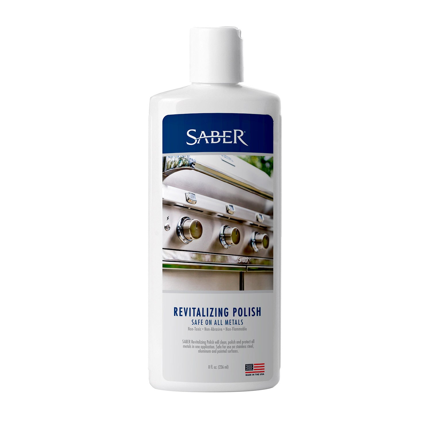 Saber revitalizing polish bottle with flip-top cap and blue label