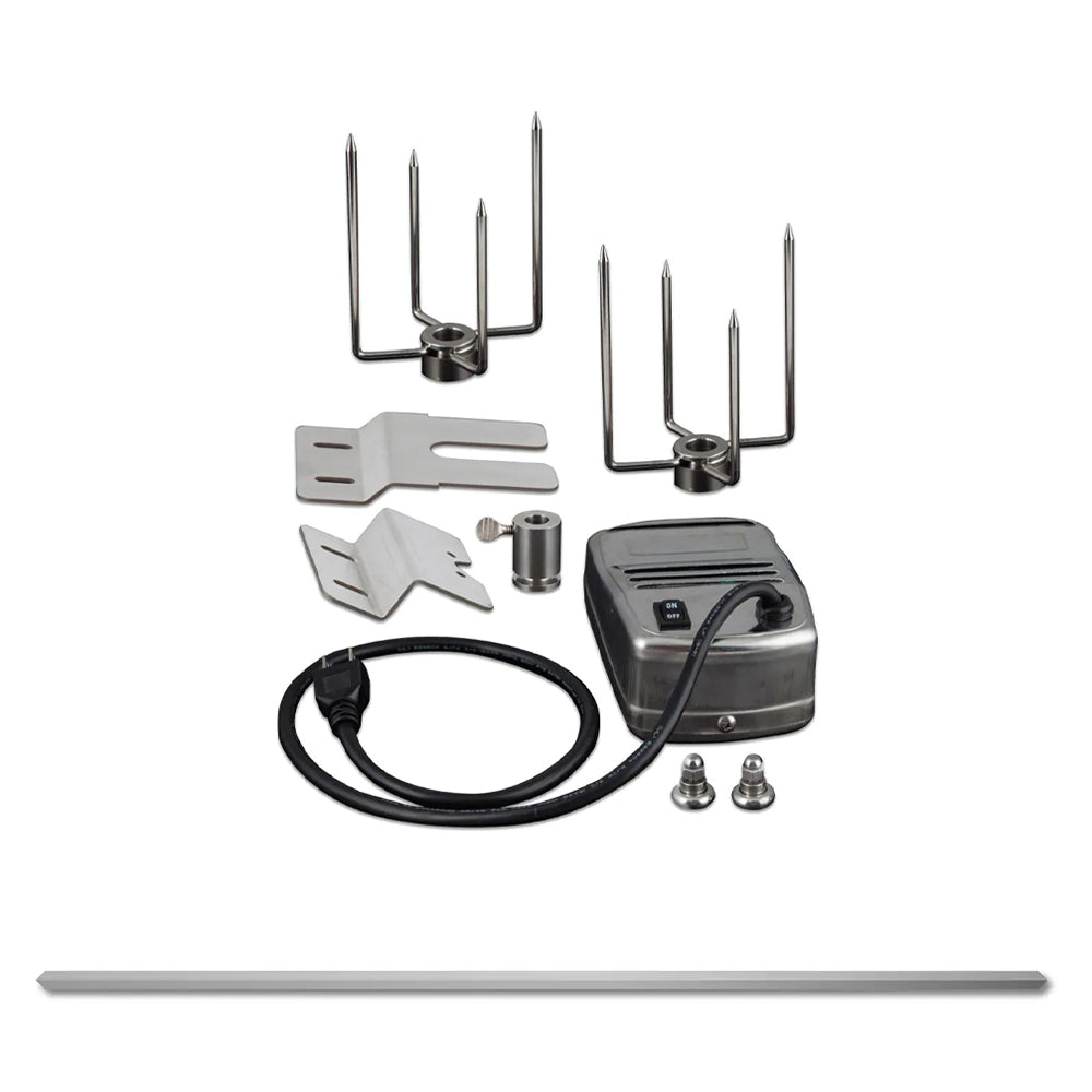 Stainless steel rotisserie kit with forks, rod holders, motor, and power cord