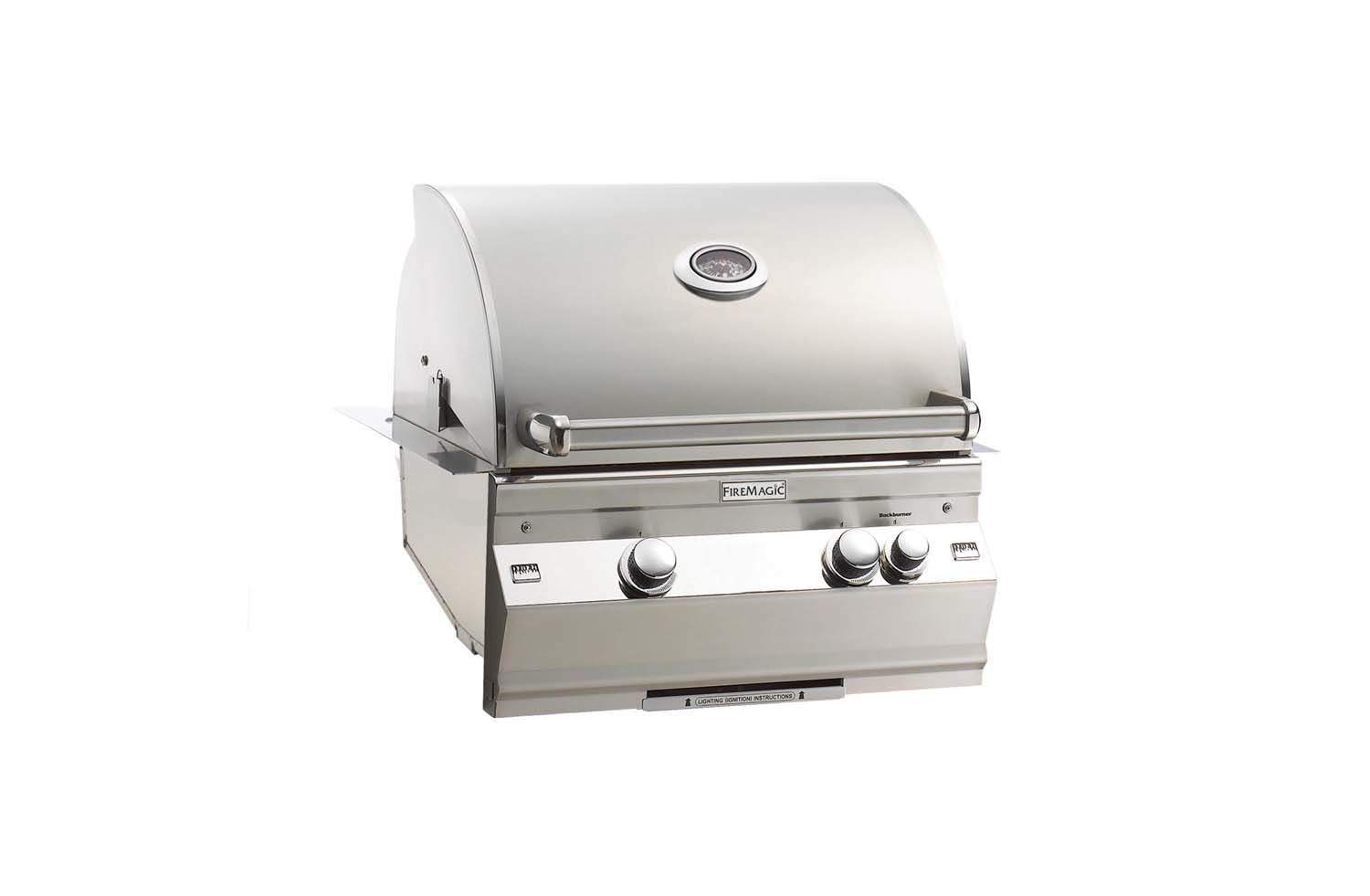 Built-in gas grill in stainless steel front view with hood and control panel