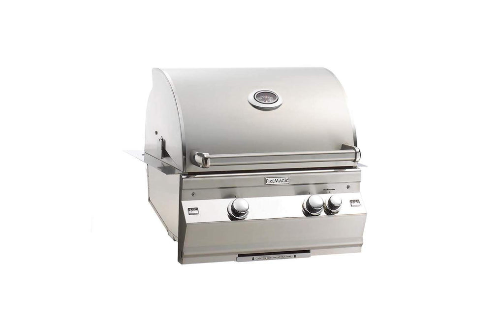 Built-in gas grill in stainless steel front view with hood and control panel