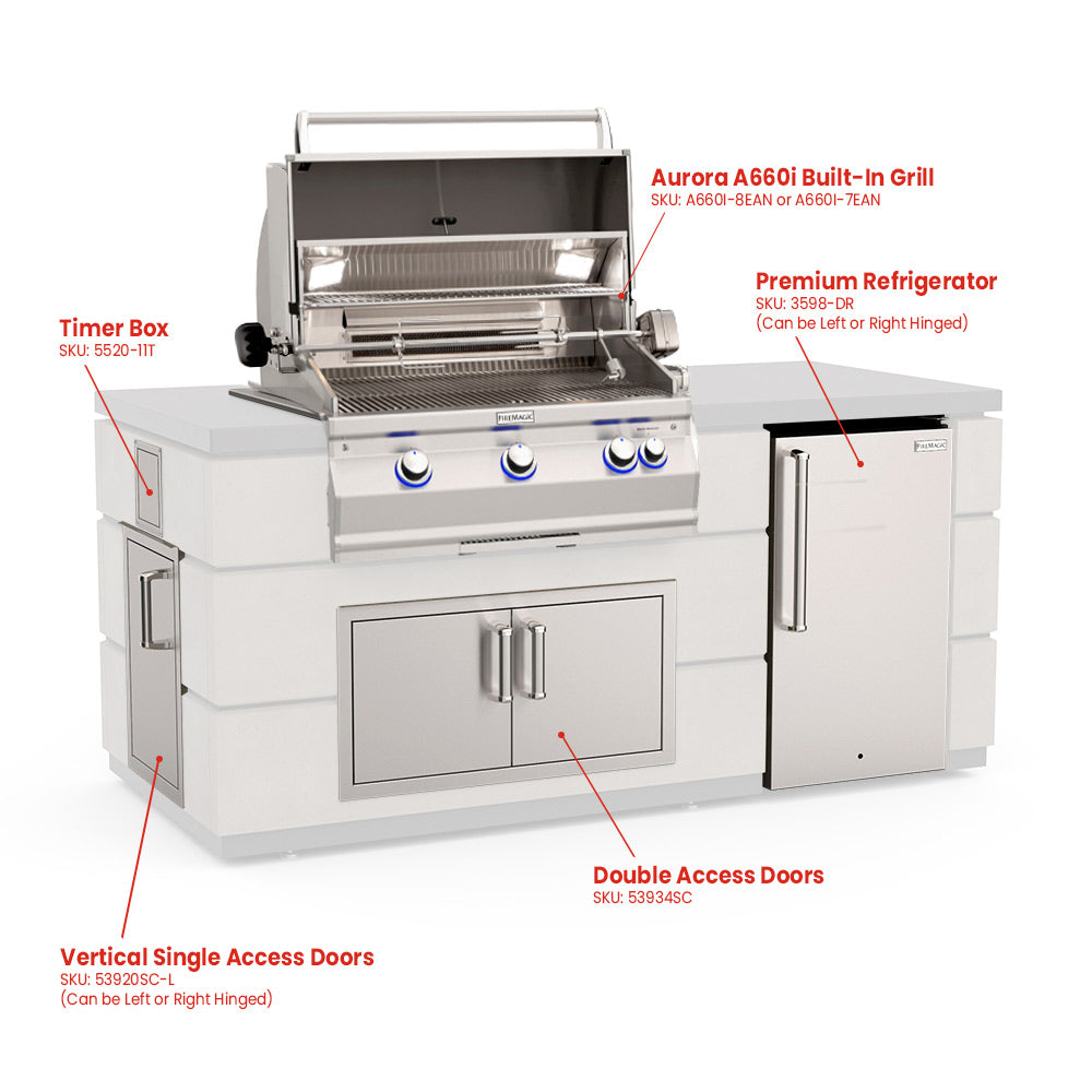 Outdoor kitchen island with built-in gas grill, double access doors, and refrigerator