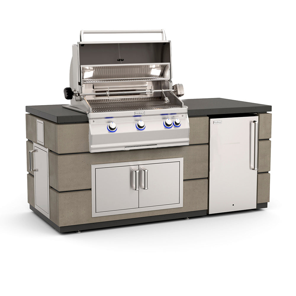 Outdoor kitchen island with built-in gas grill, refrigerator compartment, and double doors
