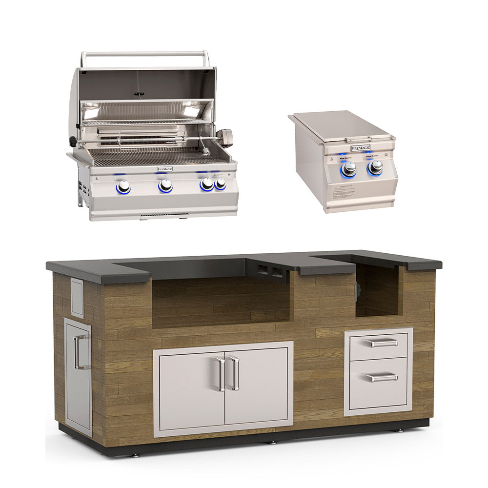 Outdoor kitchen island with reclaimed wood finish, dark countertops, and white cabinet doors