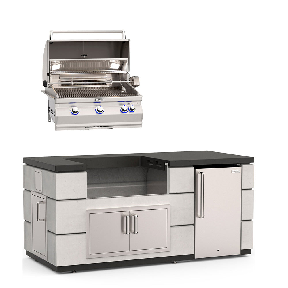Outdoor kitchen island with built-in gas grill, cabinet doors, and black countertop