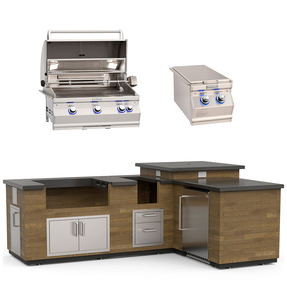 Outdoor kitchen island with reclaimed wood sides, dark countertops, and open side storage