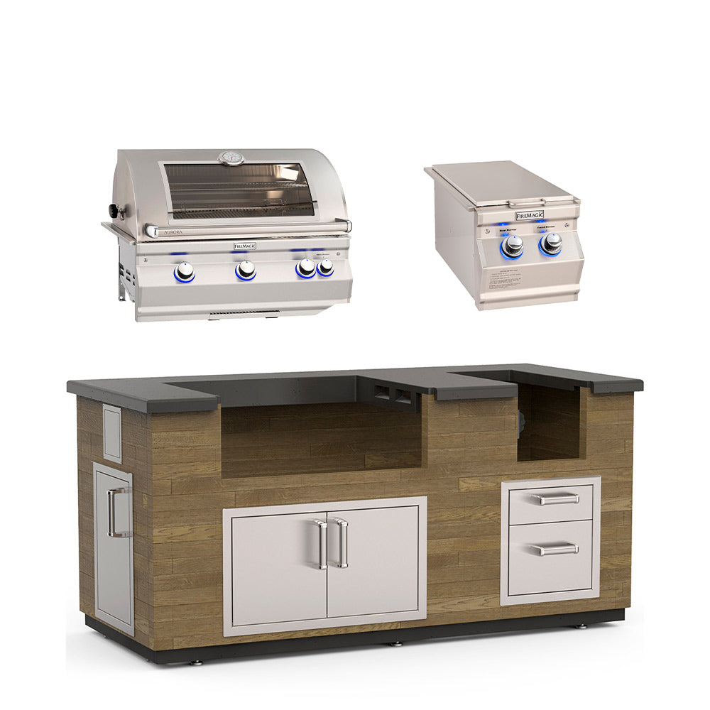 Outdoor kitchen island with reclaimed wood panels, dark prep counters, and two white cabinet doors