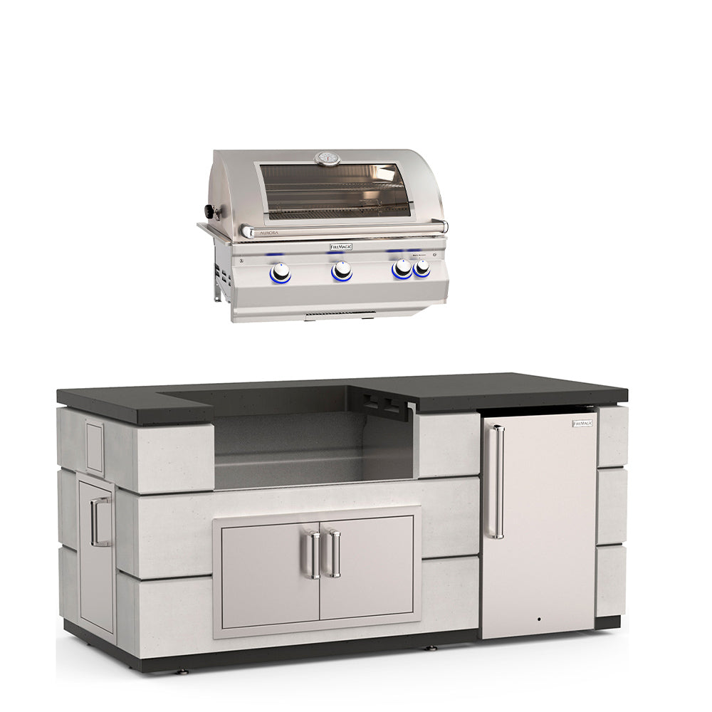 Outdoor kitchen island with open grill hood, cabinet doors, and black countertop