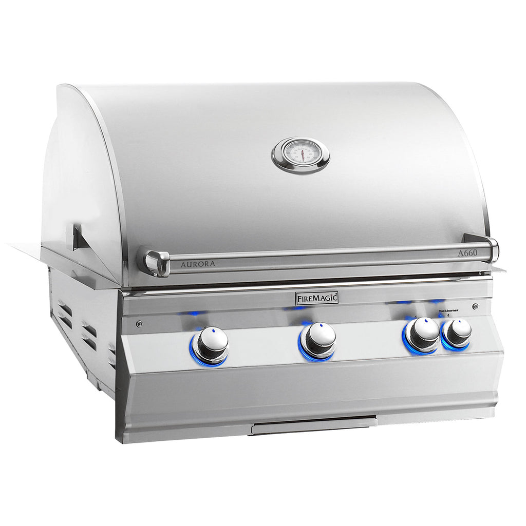Built-in stainless steel gas grill with lid-mounted thermometer and four front knobs