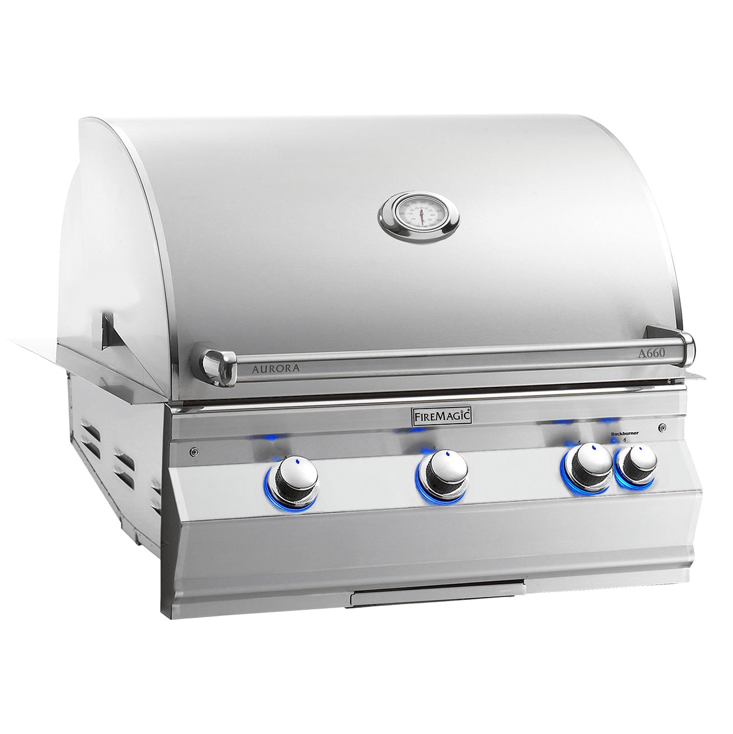 Built-in stainless steel gas grill with lid-mounted thermometer and four front knobs