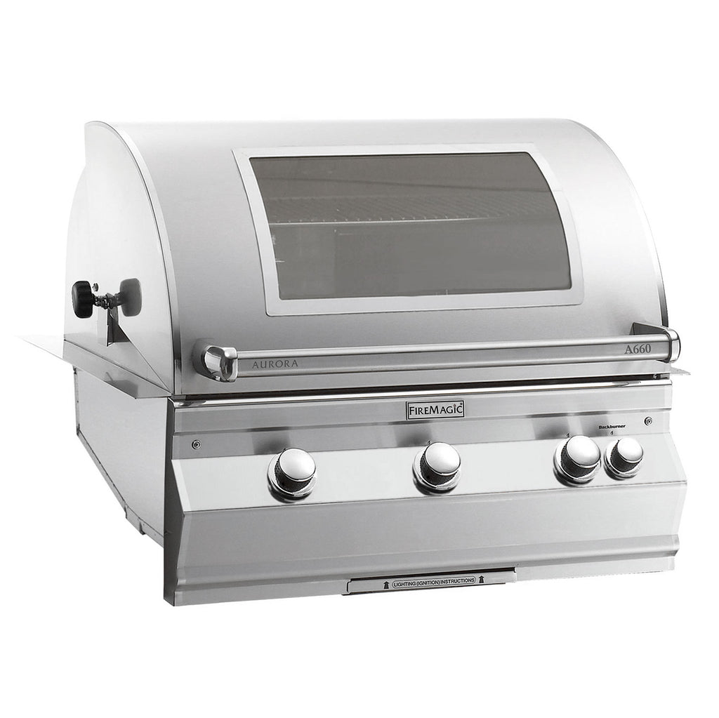 Built-in stainless steel gas grill front view with viewing window and control knobs