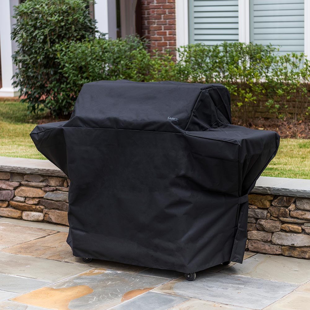 Saber 4-burner grill cover with fitted hood and side panels, dark gray