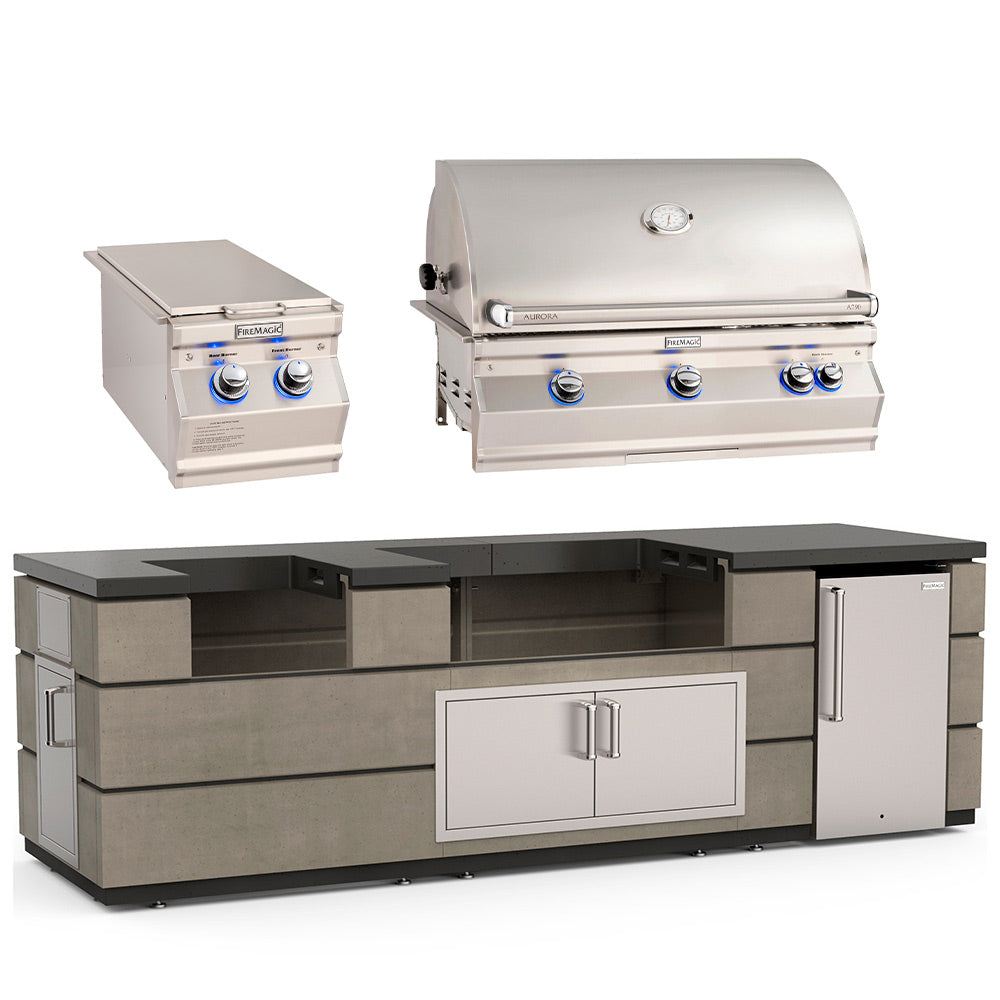 Outdoor kitchen island with gas grill, refrigerator doors, and stainless prep counter