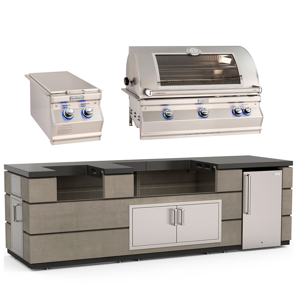 Outdoor kitchen island with gas grill and refrigerator doors; grill hood open