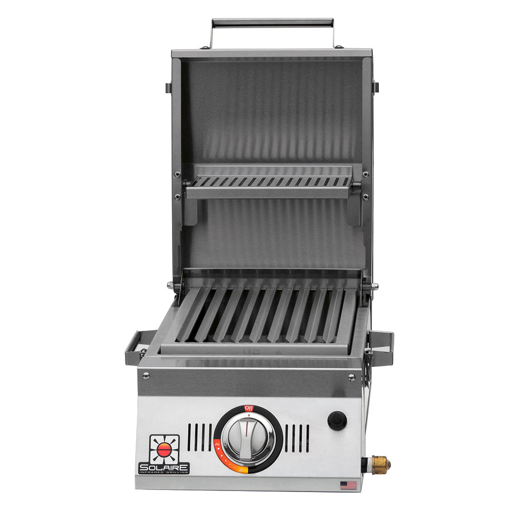Portable infrared grill with warming rack, stainless steel body and black lid