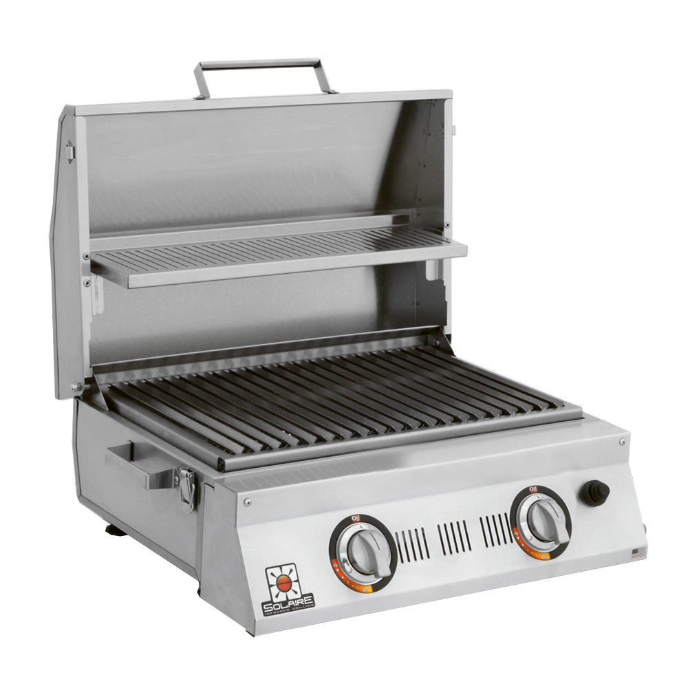Portable infrared double burner grill with warming rack open and two grates exposed