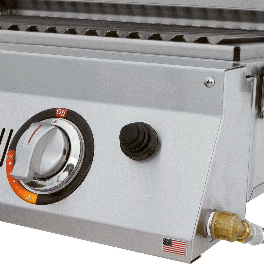Portable infrared grill front control panel with two knobs and off indicator