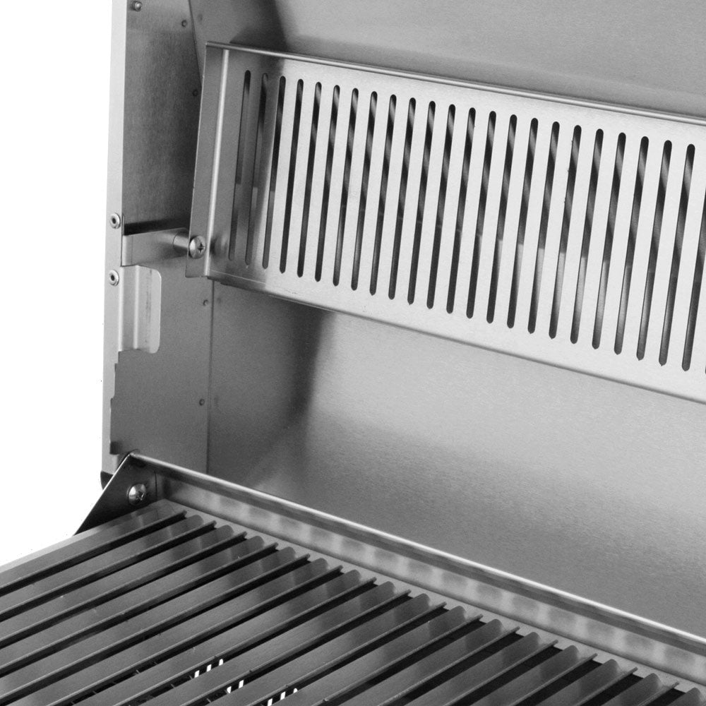 Portable infrared grill side burner area with ventilation slots and lower grate