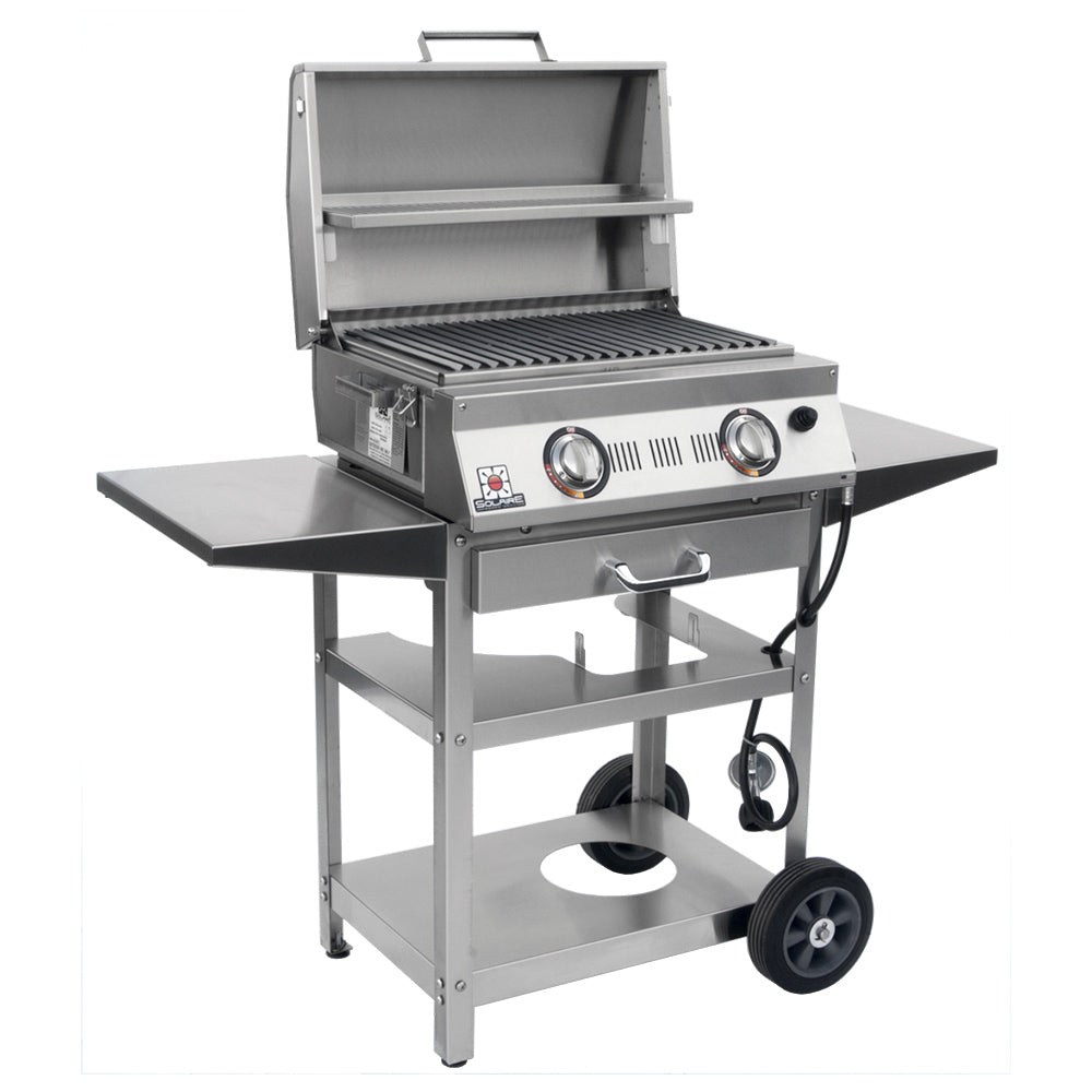 Double-burner infrared table top grill on wheeled cart, open lid with grill grates