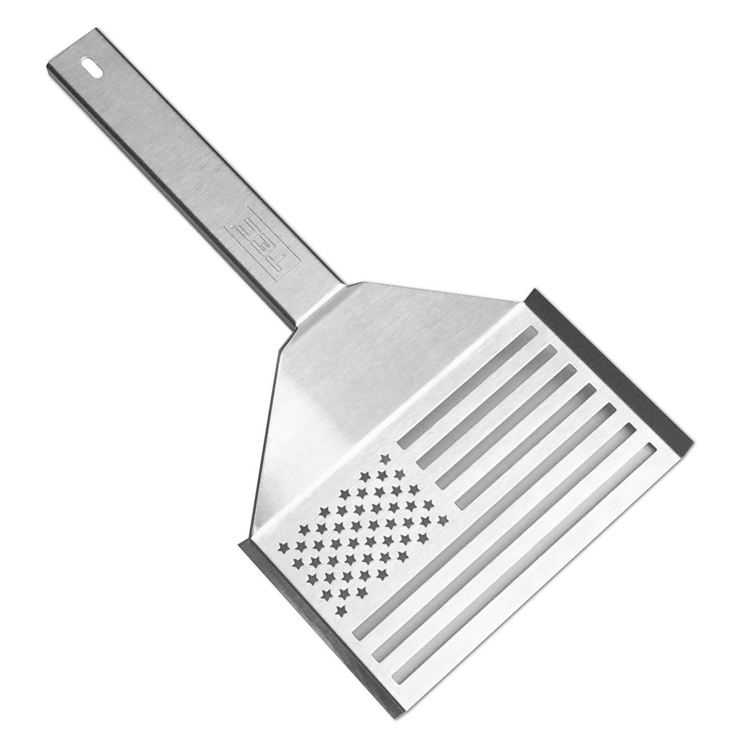 Grill spatula with American flag star-and-stripe cutout on stainless head