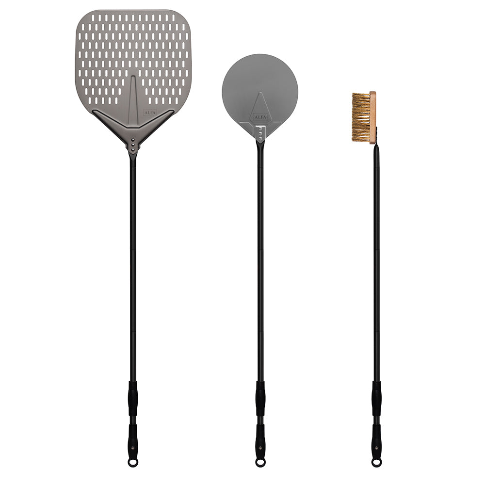 Alfa pizza peel, turner, and brush set with black handles and gray heads