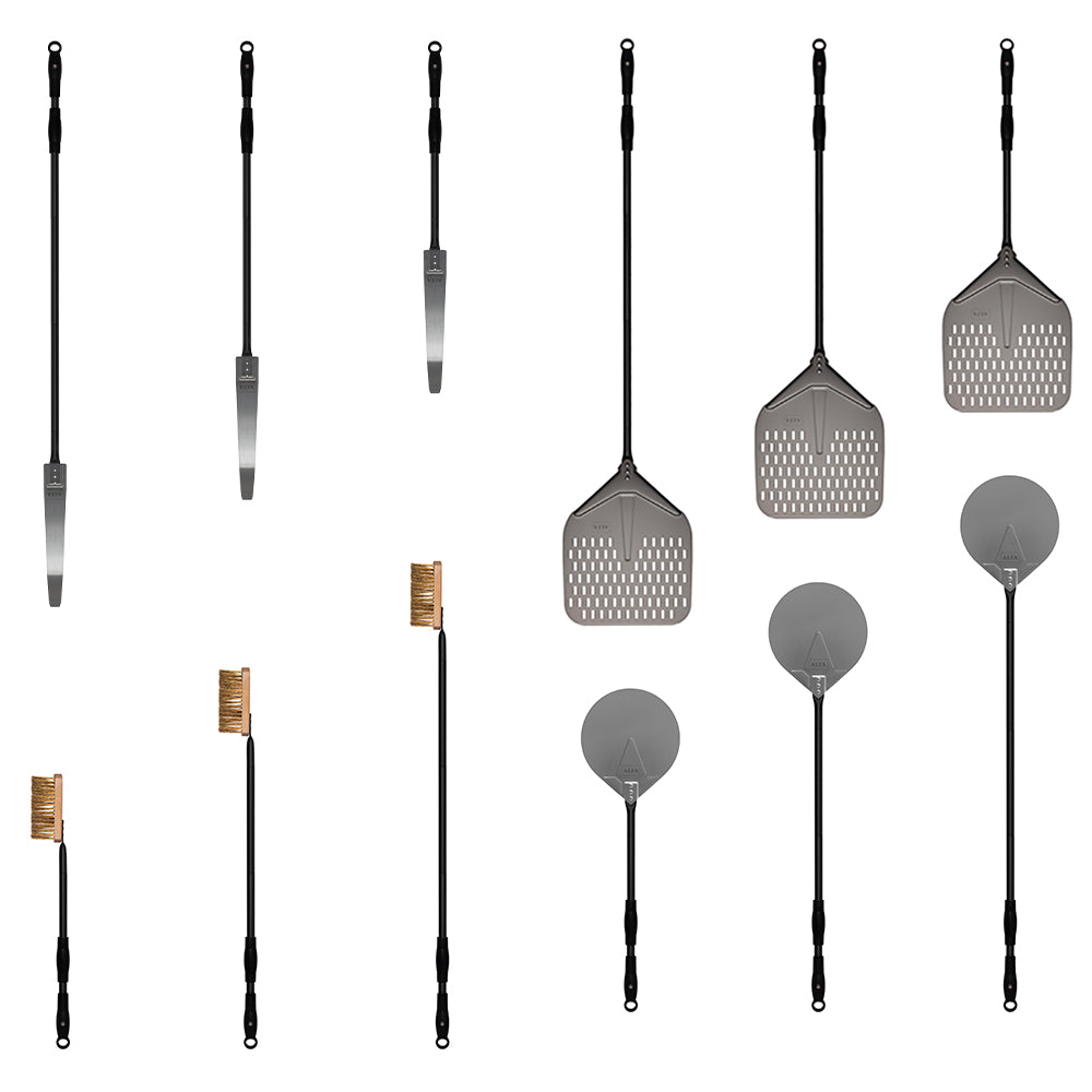 Pizza peel accessory set: perforated peel, turner, brush, and rake in grey
