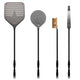 Black pizza peel set with perforated turner paddle, brush, and rake tools