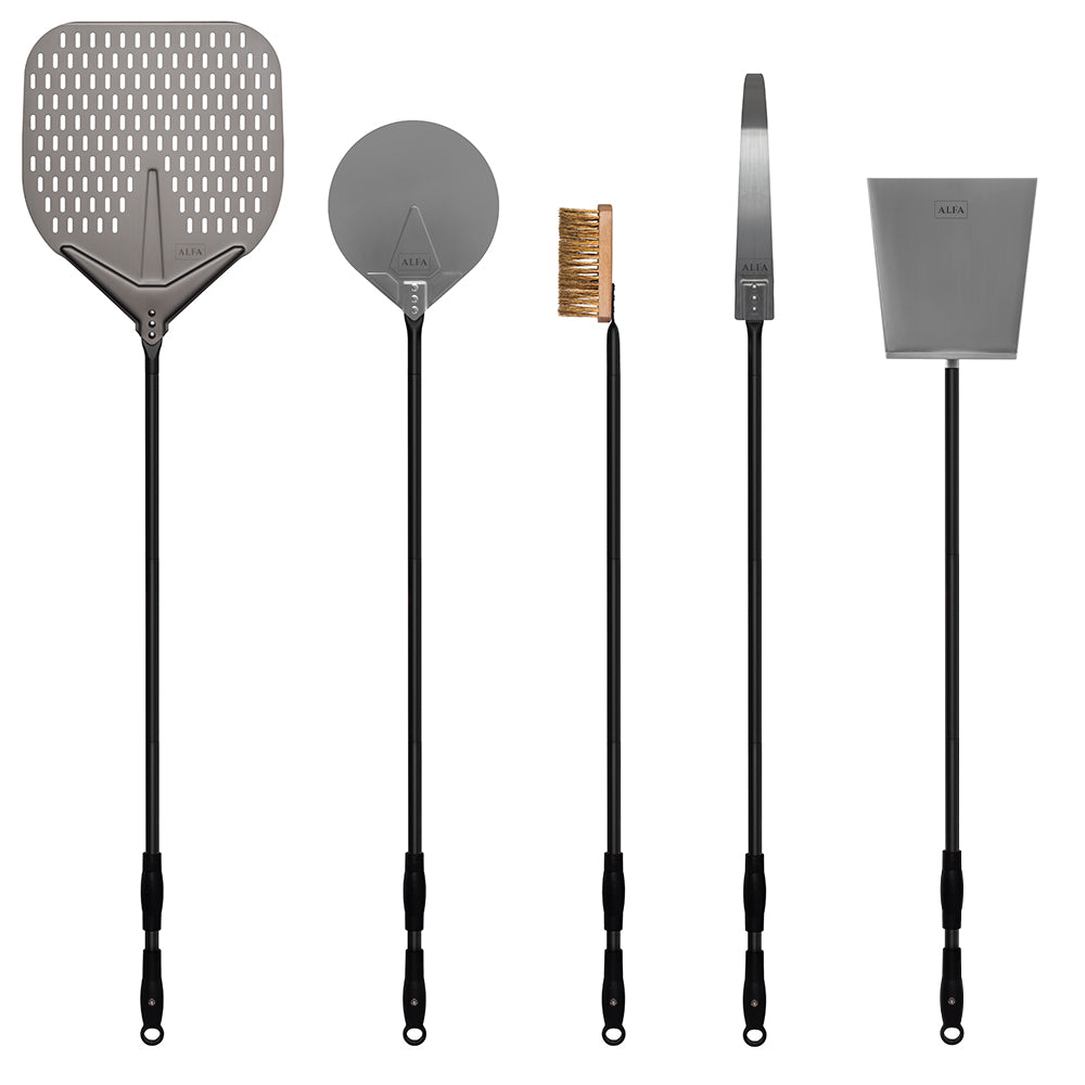 Pizza tool set with perforated peel, round turner, brush, rake, and shovel