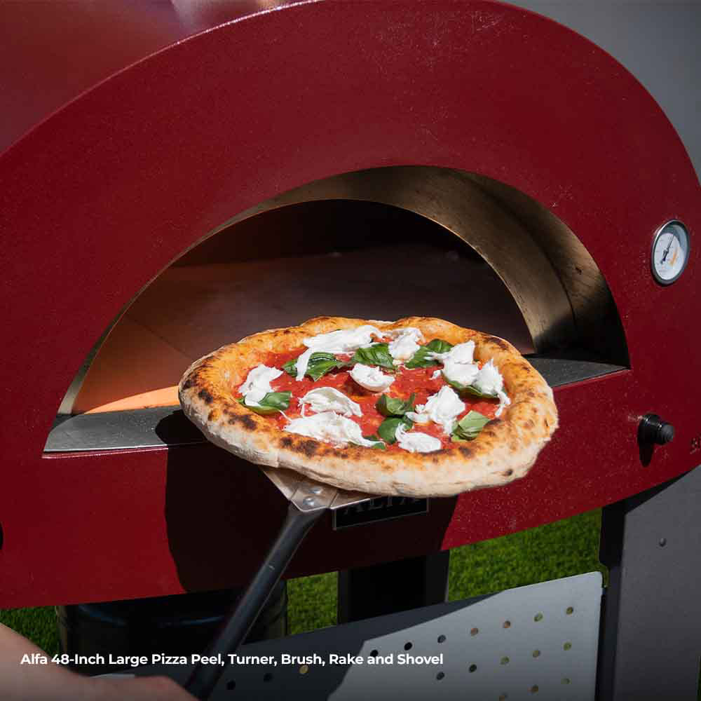 Perforated pizza peel lifting topped pizza from a pizza oven