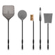 Perforated gray pizza peel with black handle, part of a five-piece pizza tool set