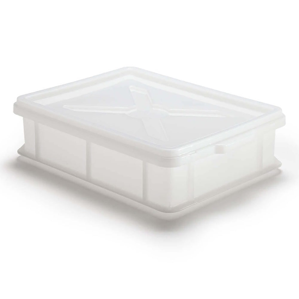 Clear plastic proofing box with removable lid and rectangular divider trays